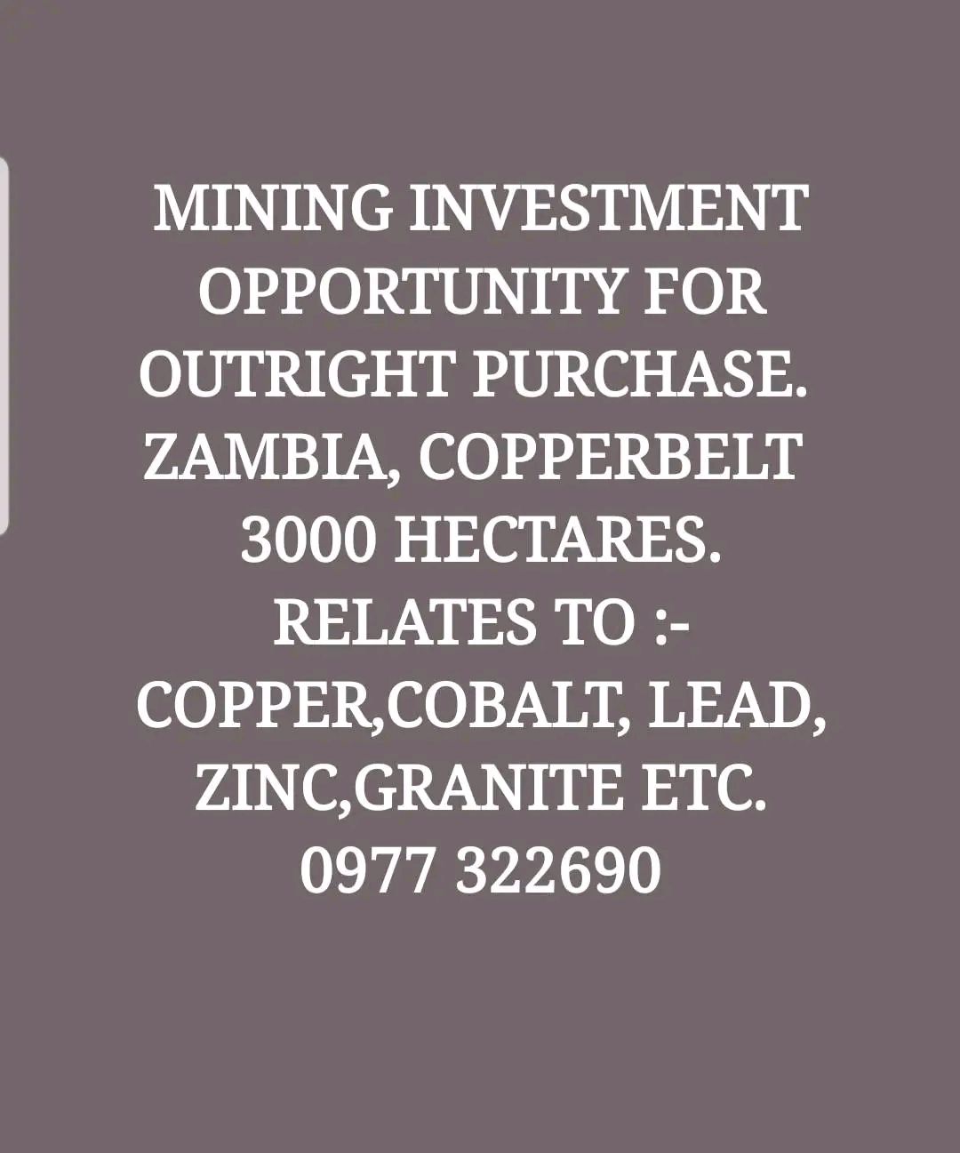 COPPERBELT MINE FOR SALE.  3000 ACRES COPPER MINE